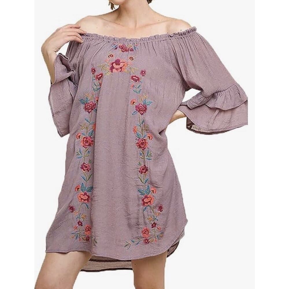 Umgee Chambray Floral Embroidered Off the Shoulder Bell Sleeves Midi Dress LG C6